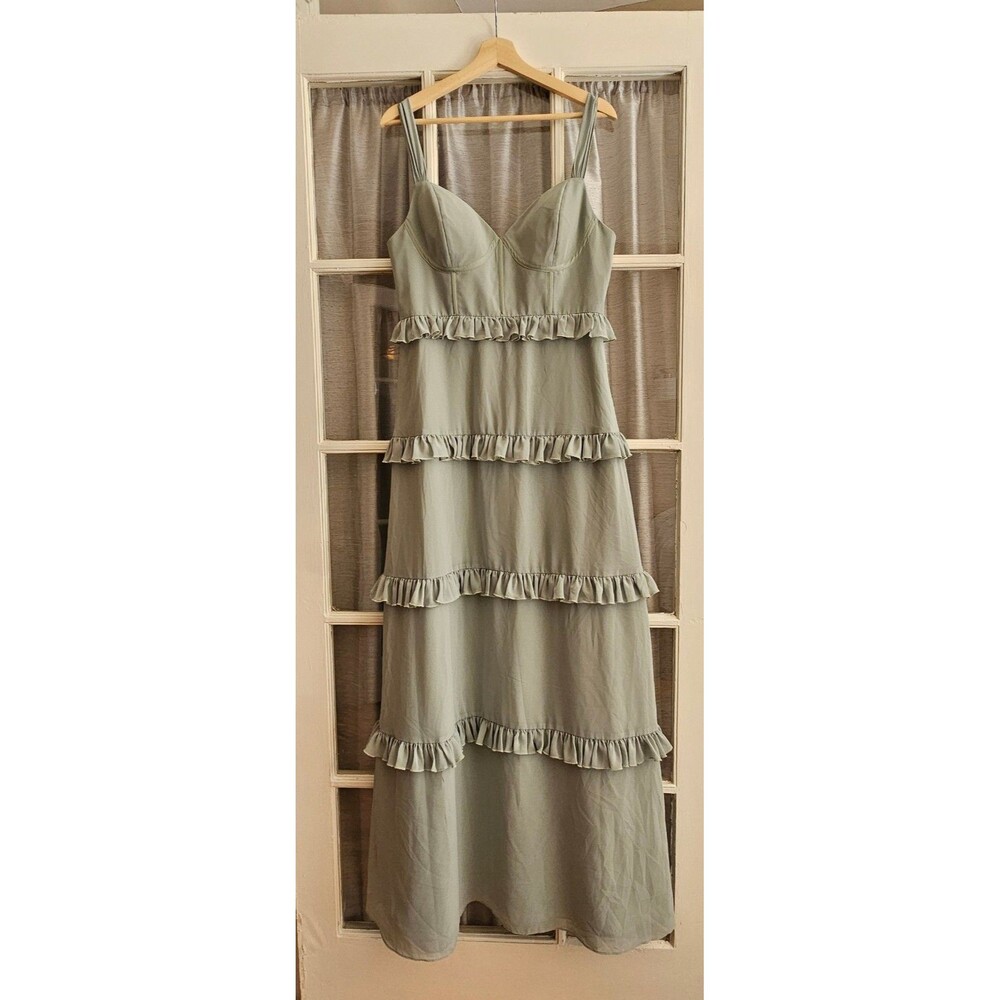 REVELRY Womens 10 Sage Green Tiered Wedding Maxi Dress Bustier Corset Bridesmaid